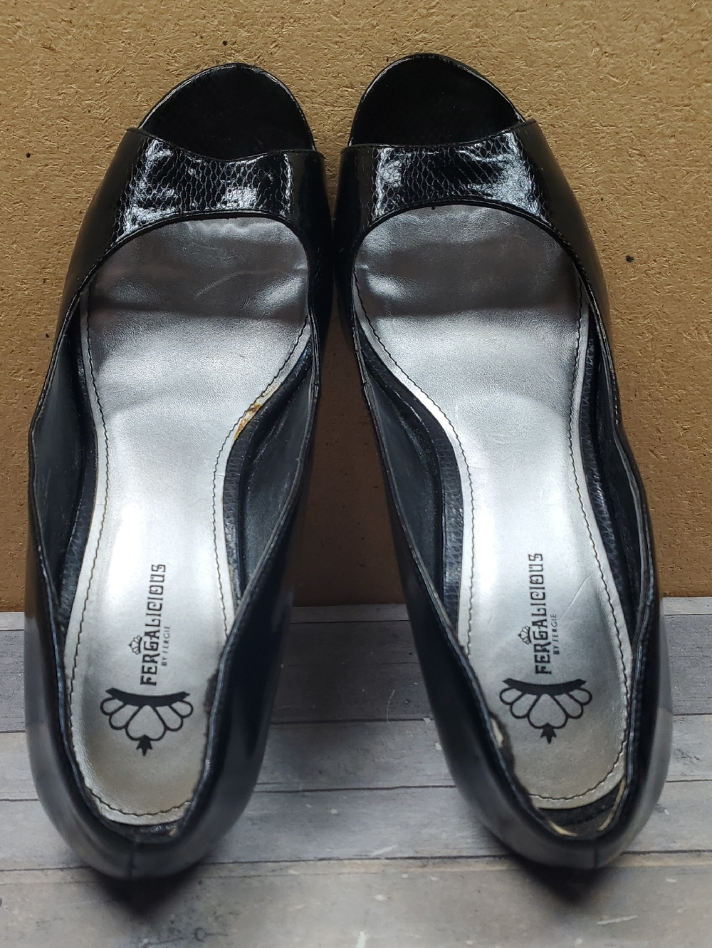 Fergalicious Gem Black Patent Peep-Toe Heels Size 8.5